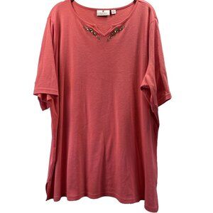 Quacker Factory Women's Top 2X Plus Orange Bead Embellished V Neck Short Sleeve‎
